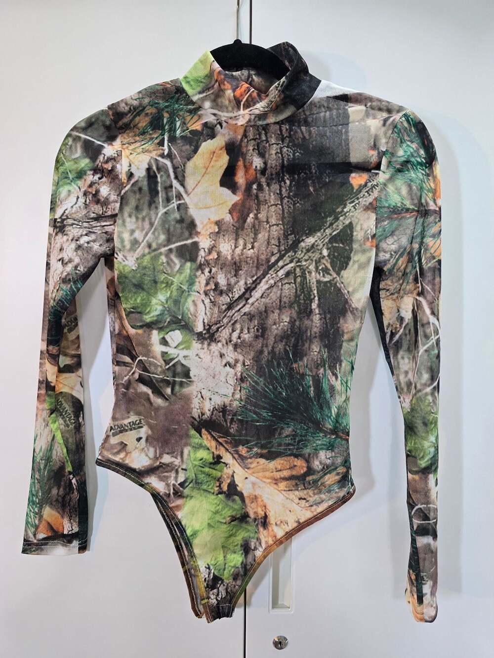 Halfheart Women's Woodland Camouflage Print Mock Neck Long Sleeve Mesh Bodysuit